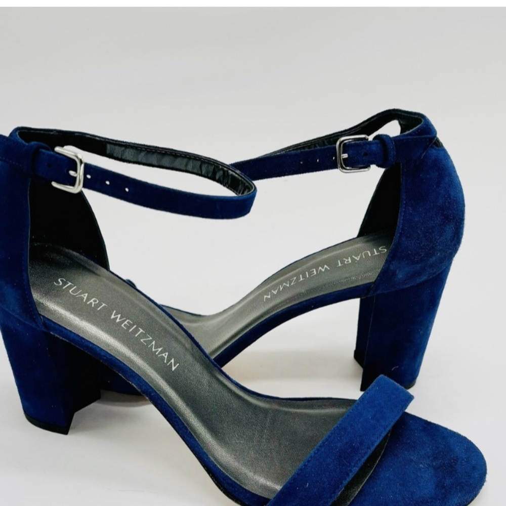 Stuart Weitzman Nearlynude Navy Blue Suede High Heel Shoes Ankle Strap